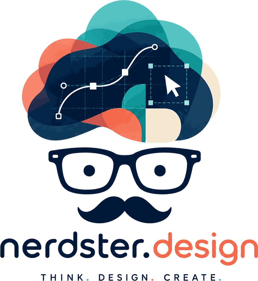 The Nerdster Design mascot — a brain-cloud of design-tool shapes over nerd glasses and a moustache. Think, design, create.
