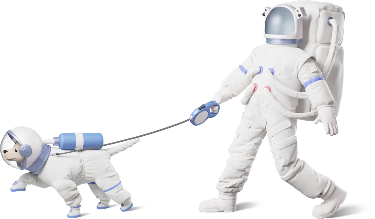 3D illustration of an astronaut walking a space dog towards launch