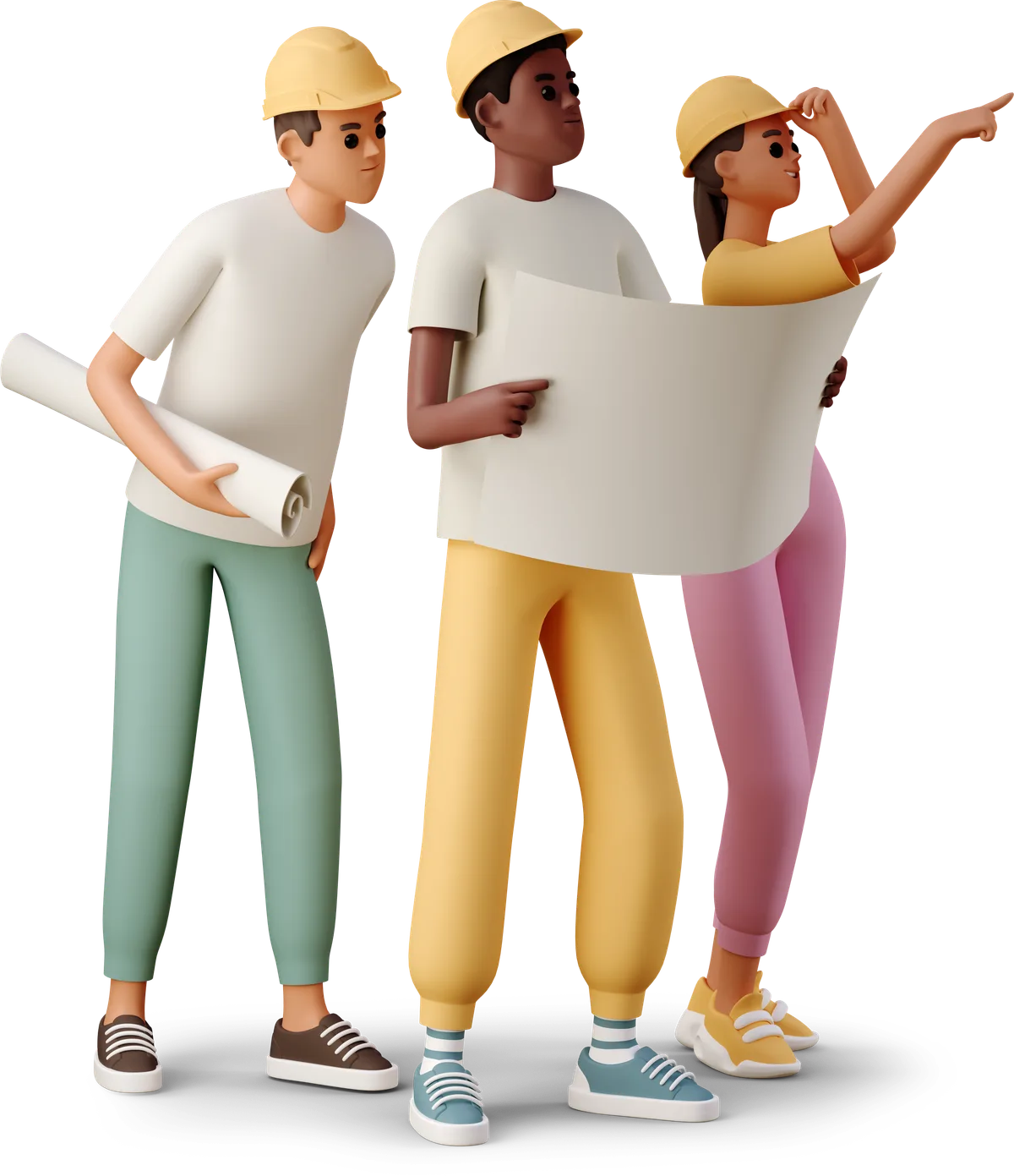 3D illustration of a team of builders reading a site blueprint together
