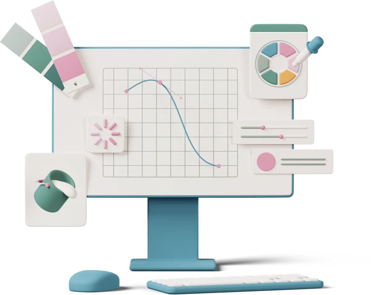 3D illustration of a design workstation with colour palettes and bezier curves