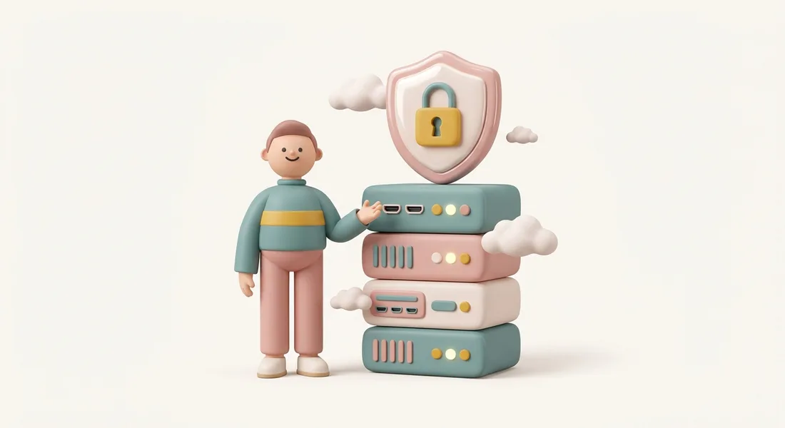 3D illustration of a character beside a pastel server stack topped with a security shield