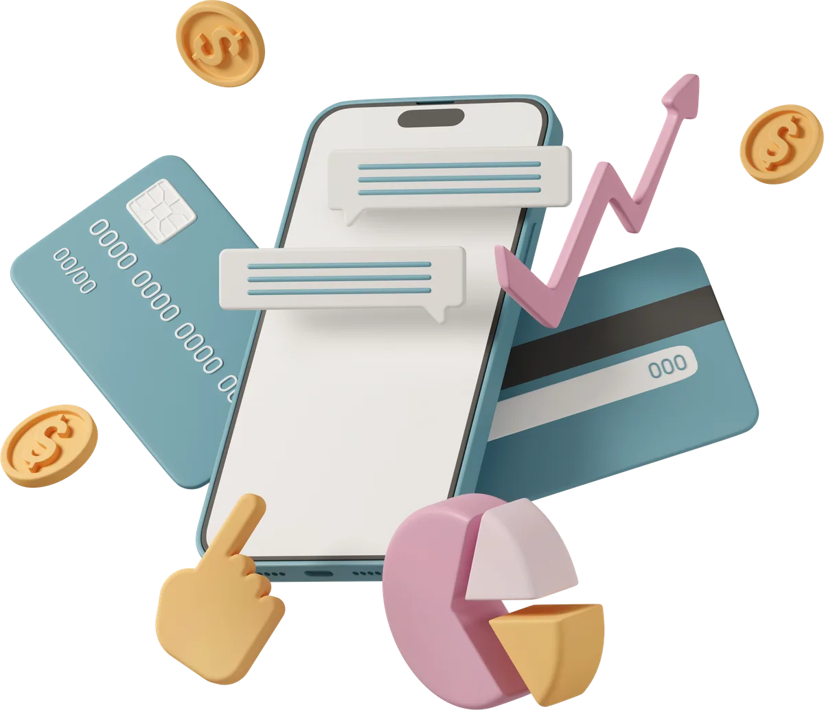 3D illustration of a mobile app with chat, payments and growth charts