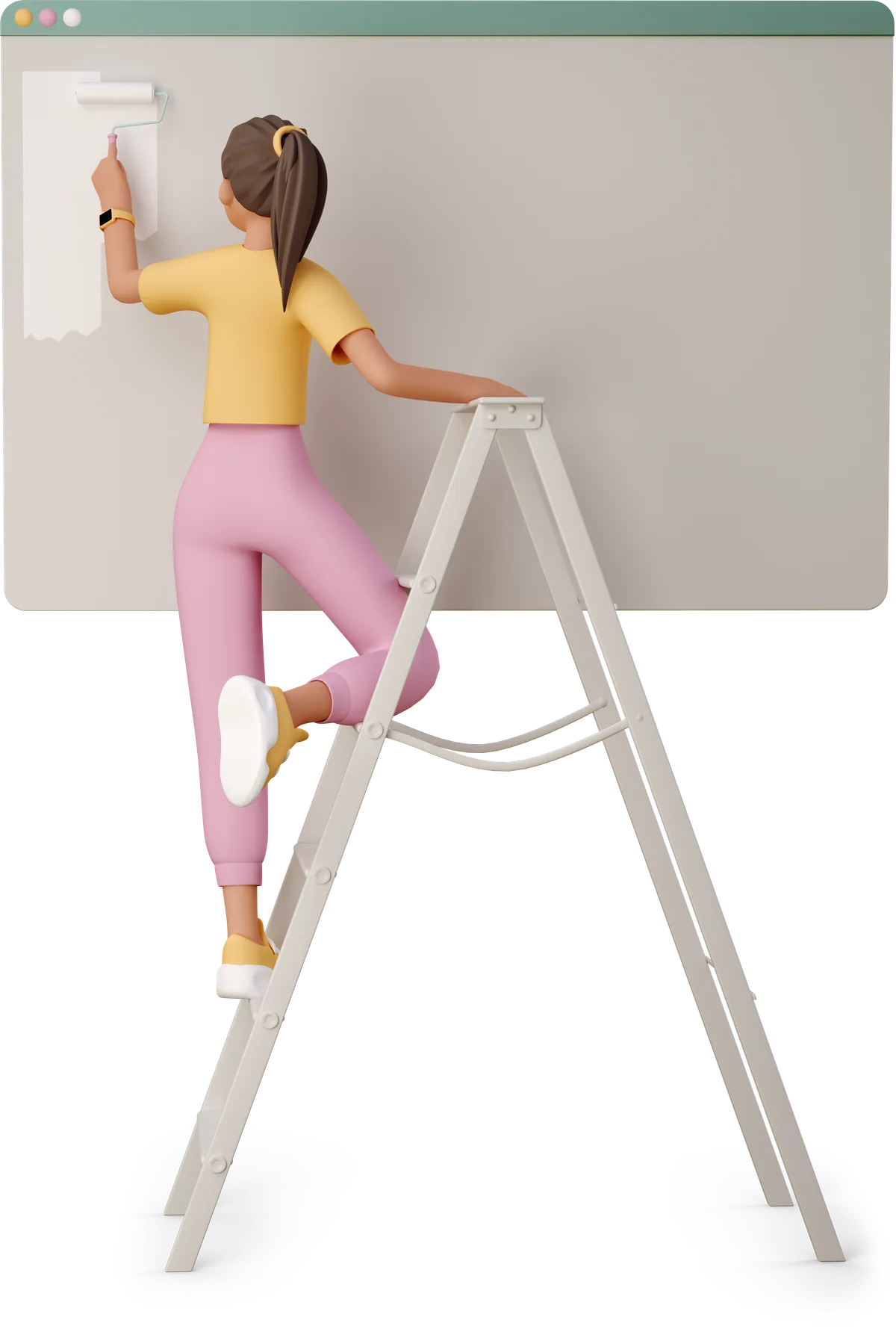 3D illustration of a developer painting a browser window from a ladder
