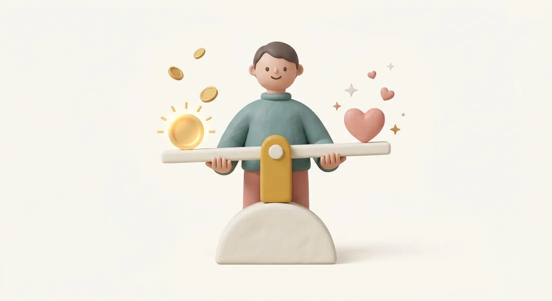 A 3D character balancing a coin and a heart on a see-saw — fair, fixed pricing