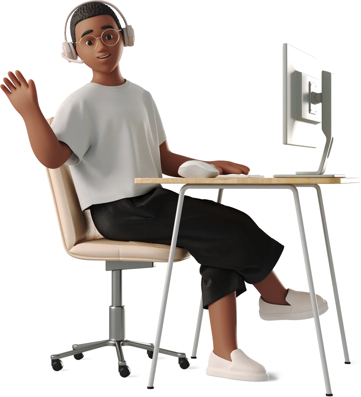 3D illustration of a friendly designer waving from a workstation