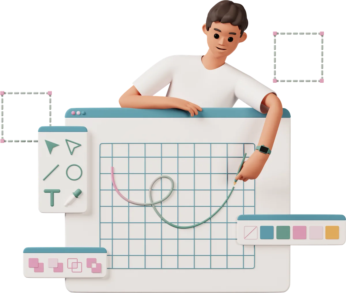 3D illustration of a marketer shaping a growth curve with a pen tool