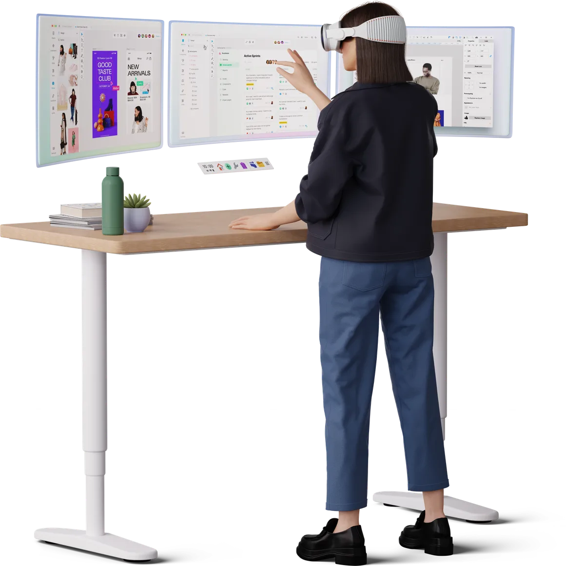 3D illustration of a designer working across three large screens with a headset
