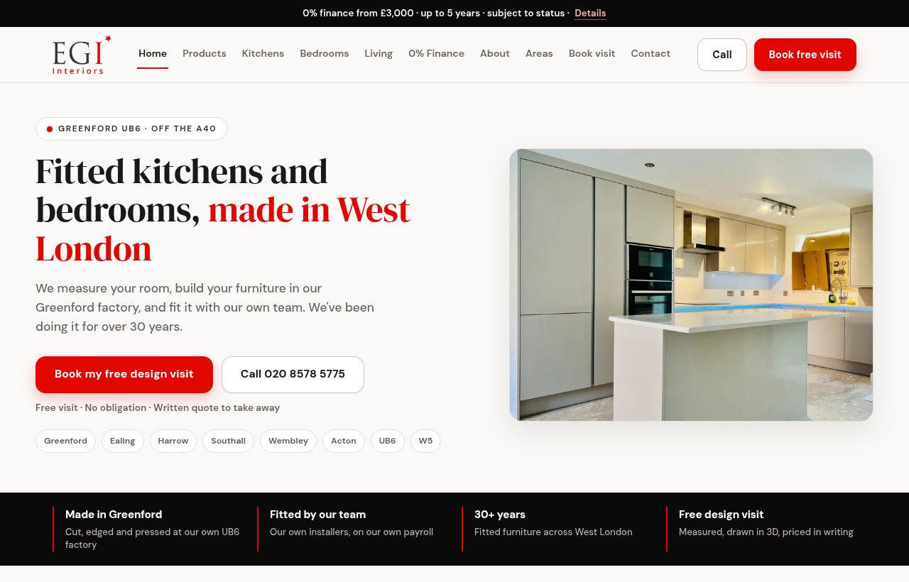 EGI Interiors website homepage, designed and built by Nerdster Design