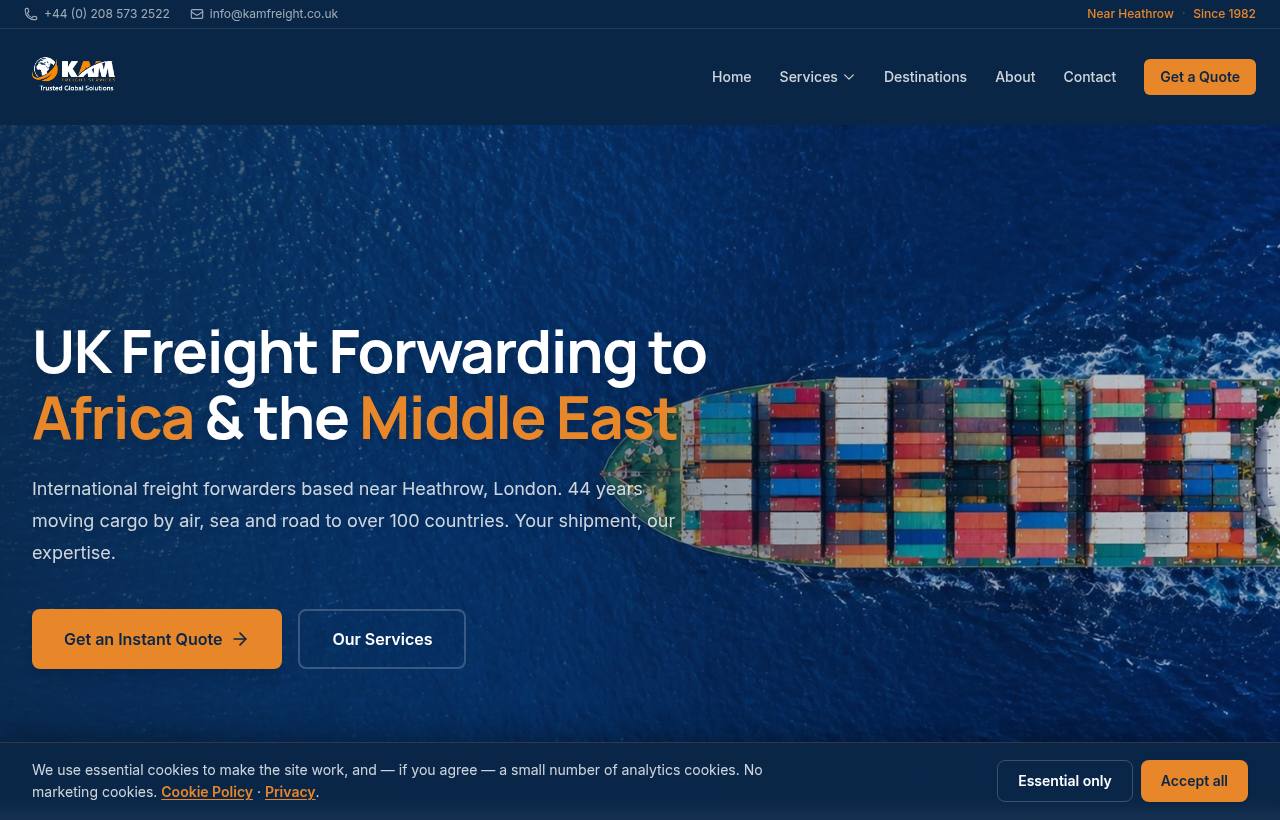 KAM Freights website homepage, designed and built by Nerdster Design